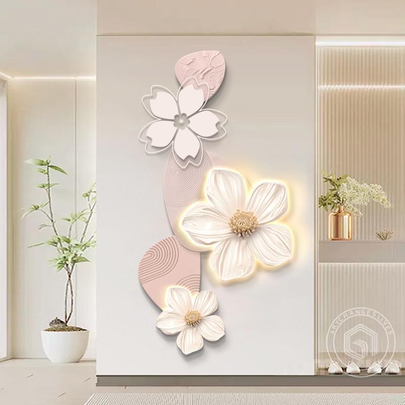 2024新款奶油风入户玄关装饰画粉色花卉带led灯发光走廊过道挂画