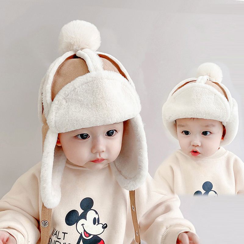 网红Kid Baby Boy Girl Winter Russia Hat Fur Ball Ear Thicken