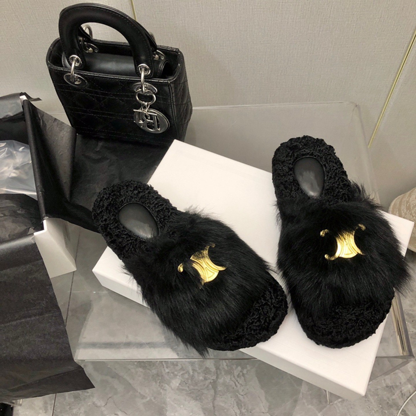 凯旋门毛毛拖鞋女秋冬网红外穿金属扣厚底休闲保暖一字拖鞋欧美风