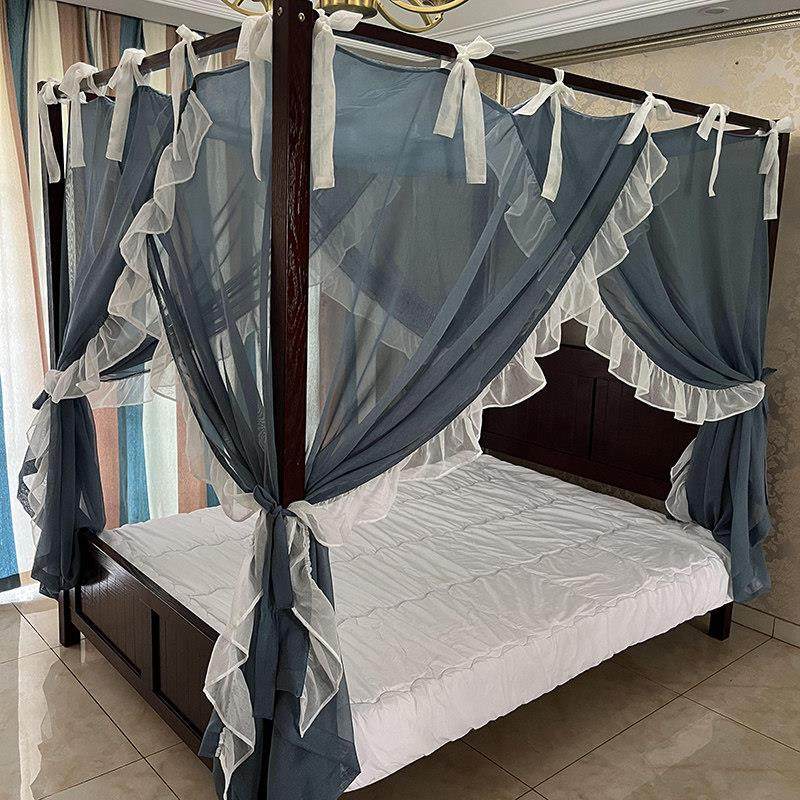 亚麻风4柱床新中式老式木头架子床民宿蚊帐1.8m床公主风床幔床帘