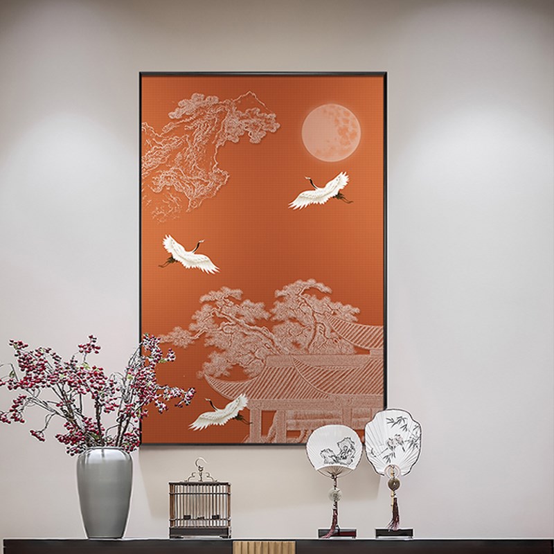 极速仙鹤玄关画挂画正对门新中式古风建筑装饰画茶室书Y房抽象山图片