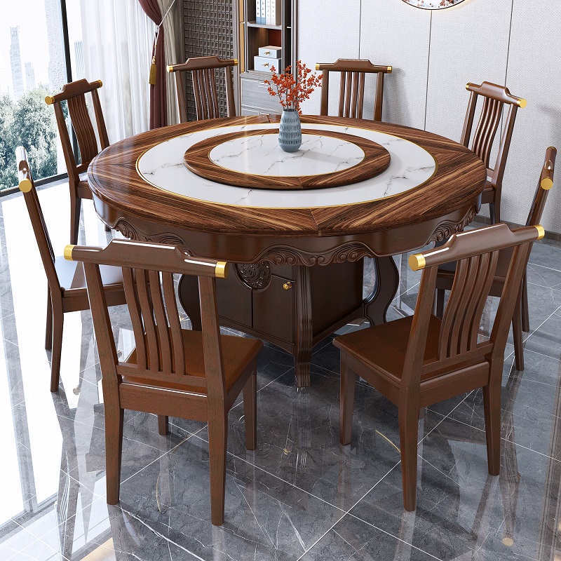 极速新中式大理石实木餐桌椅组合带转盘10M人大圆桌家用圆形酒店