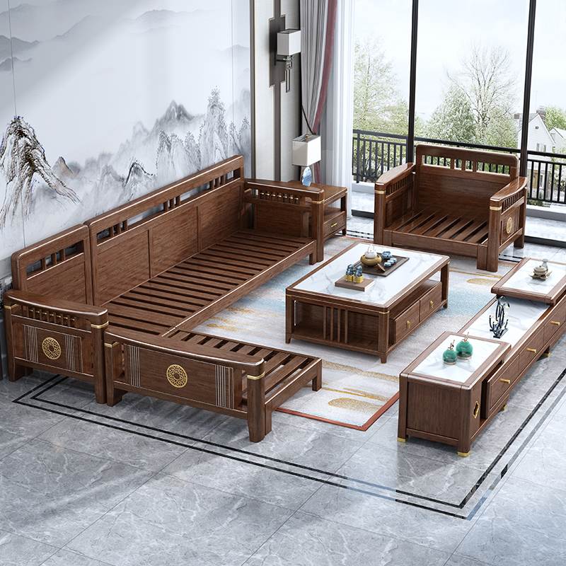 极速新品新中式全实木沙发布艺贵妃组合胡桃木家用小户.型客厅现