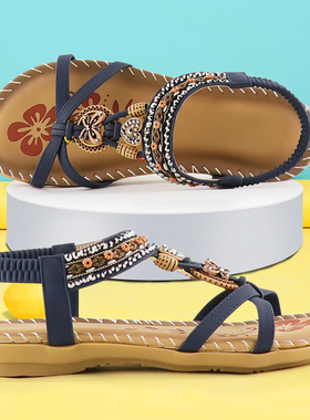 极速Retro Womens Sandals Fayshion Flower Print Sewing Shoes