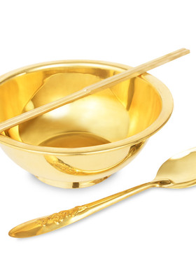 极速黄铜加厚铜碗餐具摆件金碗铜勺铜筷子三件套装W家居装饰摆件