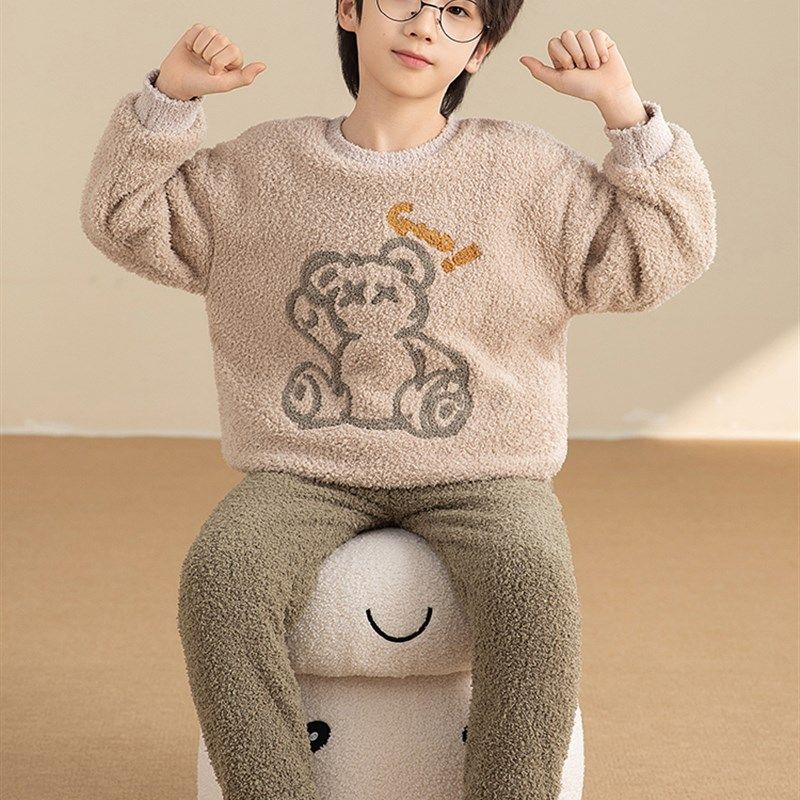 极速儿童珊瑚绒睡衣男童秋冬季加绒加厚半边绒小男V孩中大童家居