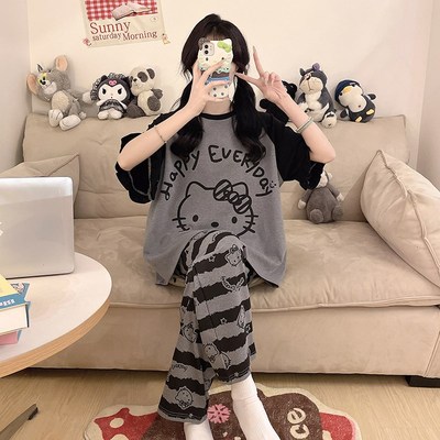 极速睡衣a女夏季短袖长裤纯棉套装夏季薄款可爱卡通大码KT猫春秋