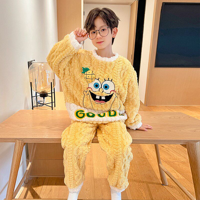 极速儿童珊瑚绒睡衣男童秋冬季加绒加厚法兰绒宝宝男Y孩卡通家居