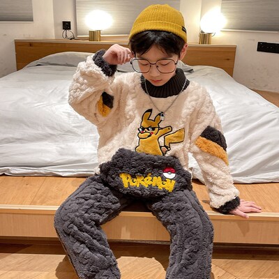 极速男童睡衣秋冬季儿童珊瑚绒加厚法G兰绒男孩卡通圆领套头大童