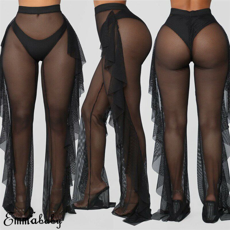 极速Sumbmer Sexy Ruffle Women Beach ver Ups Mesh Sheer Wide