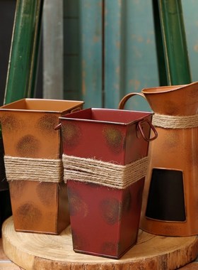 极速美式乡村复古金属铁皮干花收纳桶铁质花器插花U花瓶家居装饰