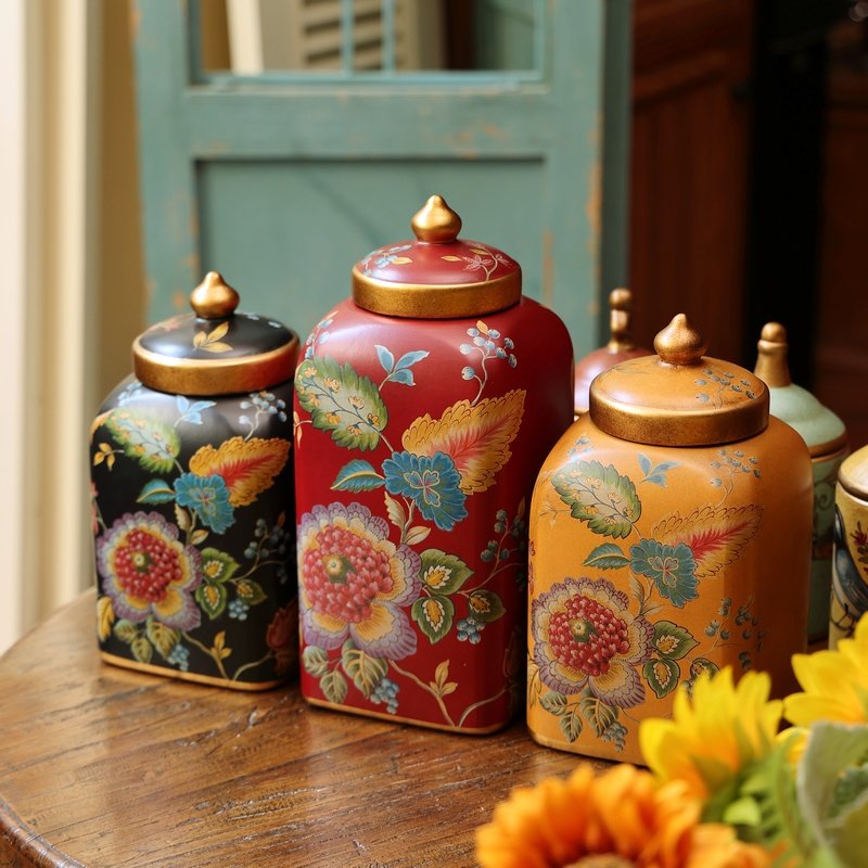 极速复古美式田园花纹o陶瓷花瓶客厅桌面摆件收纳糖果罐子装饰品