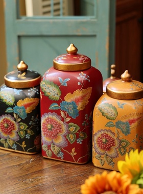 极速复古美式田园花纹o陶瓷花瓶客厅桌面摆件收纳糖果罐子装饰品