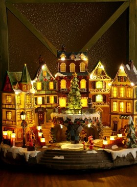 极速欧洲小e镇老式树脂房子圣诞节氛围彩灯音乐盒电动微缩街景装