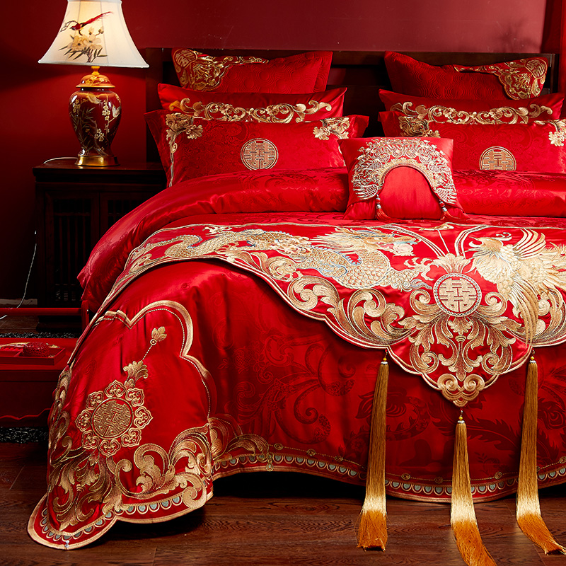 极速刺绣床旗 全棉结婚饰品婚庆床上用品大H红色1.8m2..2m 四件套