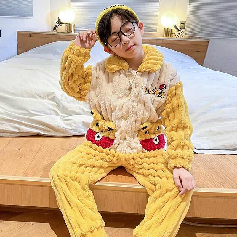 极速珊瑚绒睡衣男童秋冬季款加厚B加绒中大童卡通法兰绒保暖家居