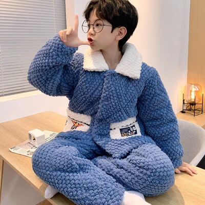 极速儿童睡衣男童三层夹棉u冬季男孩珊瑚绒冬天加绒加厚保暖家居