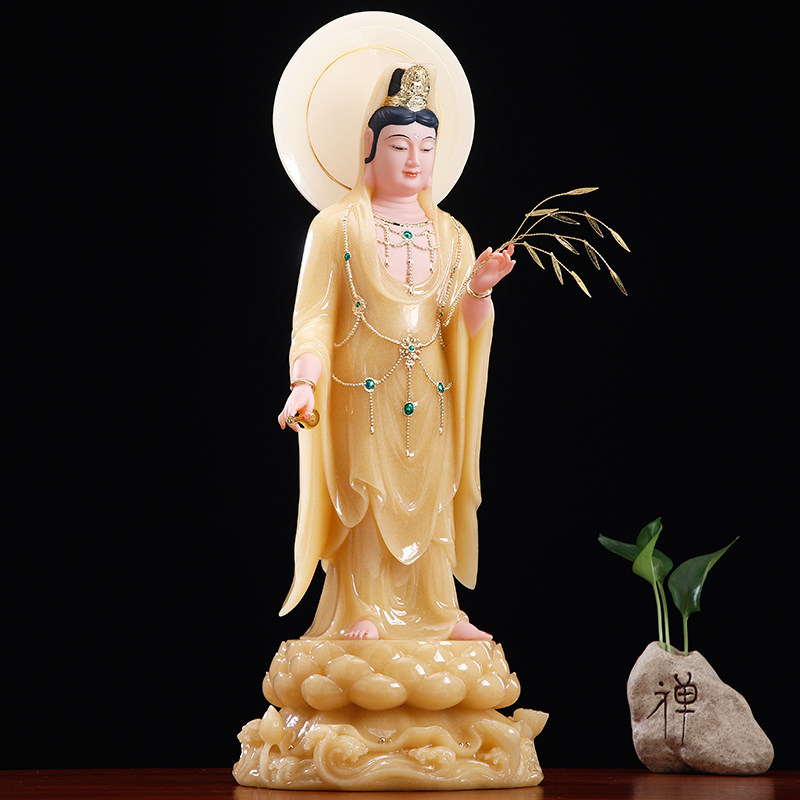 新品汉白玉黄玉镶金西方三圣一y套观音菩萨大势至阿弥陀佛站莲花