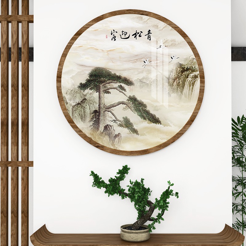 极速流水a生财圆形灯光挂画玄关山水装饰画新中式禅意挂防水油画图片