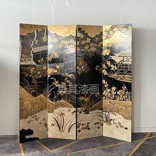 漆画屏风玄关隔断客厅简约现代可移动折叠黑底描金 定制手绘新中式