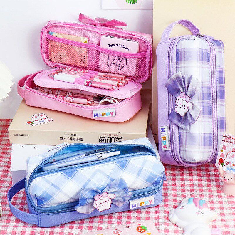 速发韩系蝴爱结笔袋高颜值大容量双层jk文具袋蝶可孩拉链铅笔袋