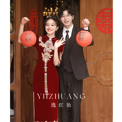 速发敬酒服新娘高级感202新款婚式订婚礼服轻奢小众酒红色结中旗