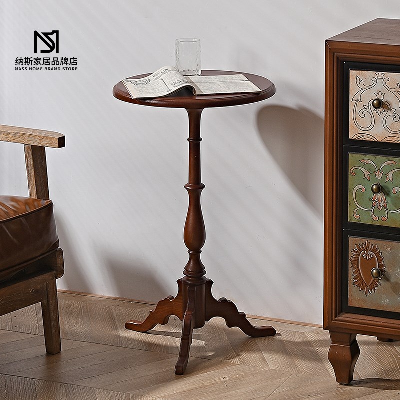 速发美式几头实木小茶几侘寂风沙发边复小圆桌床古桌子置物角几边