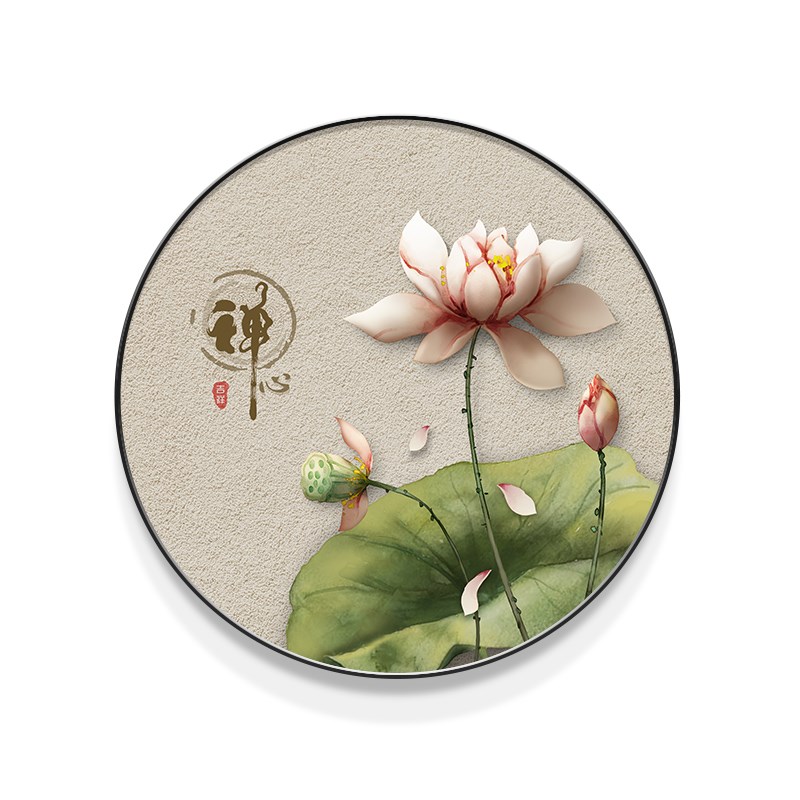 速发禅意荷花新中式挂画入户玄关装饰画走廊过道圆形日式民宿壁画图片