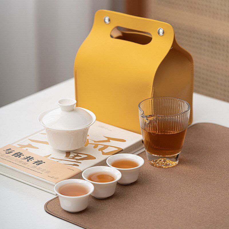 速发羊脂玉瓷高档户外旅行茶具客装陶瓷快壶杯一套三杯便携包礼品
