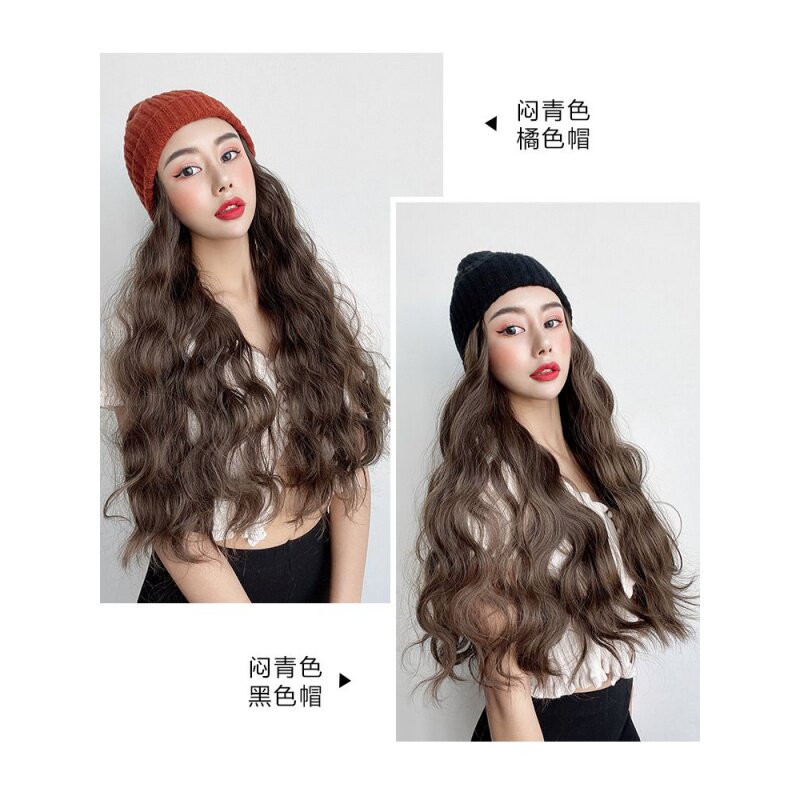 极速新品黑色毛线针织帽子假发一体女水波纹长卷发秋冬款隐形整顶