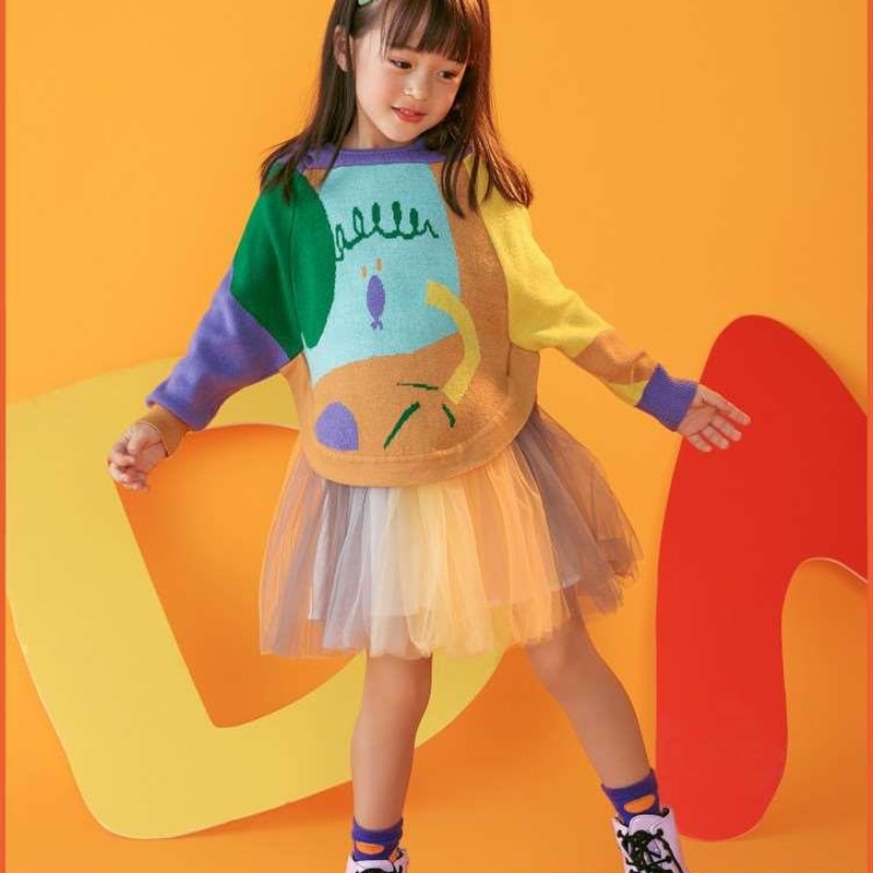 极速笛牧女童套装2022秋季新款洋气时髦儿童时尚撞色毛衣半身裙两