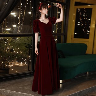 大码敬酒服新娘胖mm结婚气质新娘回门定亲酒红色丝绒订婚礼服女冬