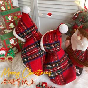 红格子狗狗圣诞斗篷猫咪新年带帽披风宠物帽子变身装宠小狗衣服