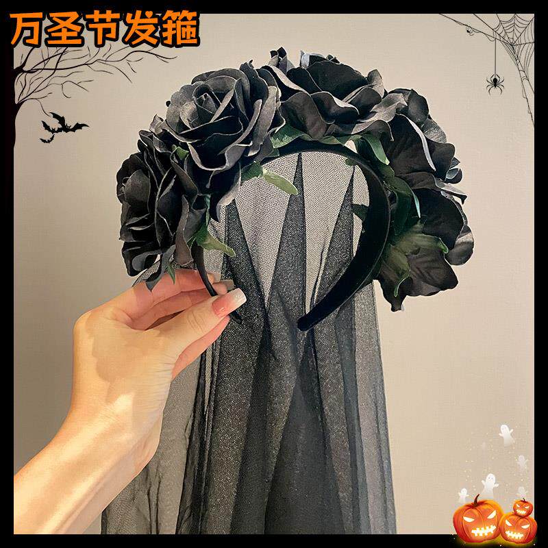 万圣节发箍黑色头纱网红鬼新娘头饰活动聚会拍照道具复古装饰用品