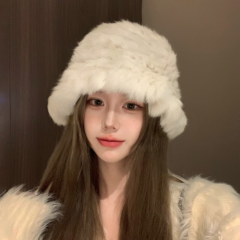 白色兔毛帽子女2024新款冬季保暖护耳针织毛线帽大头围毛绒渔夫帽