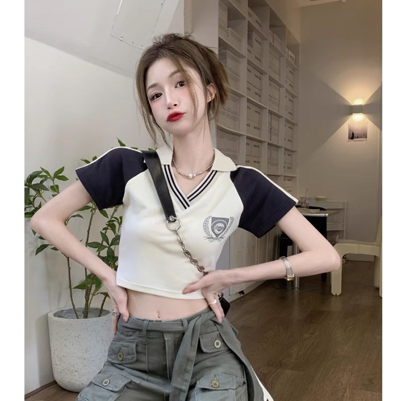 速发美恤复pv领撞色插肩t式夏高腰露脐短款古o衫辣妹上衣
