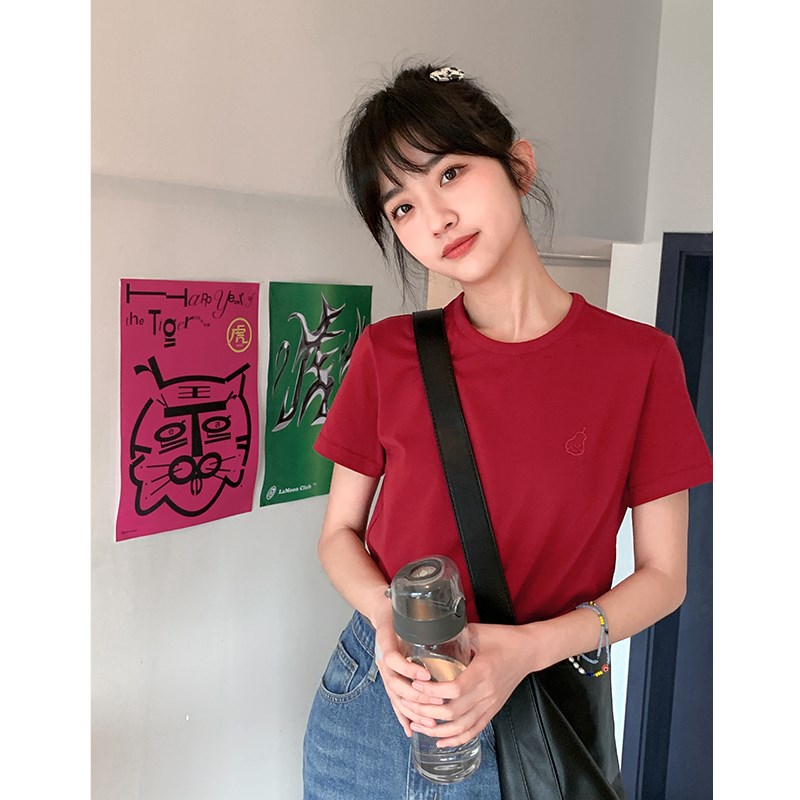 速发忠个小八正形自制纯色梨肩t恤小犬子直筒圆领彩色上衣