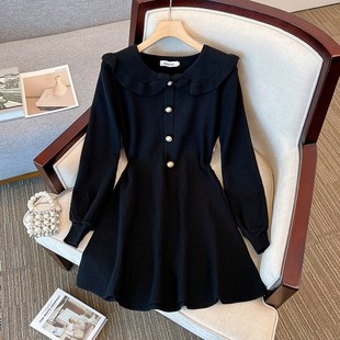 速发妹腰a字毛衣裙秋冬高码 胖收妹黑色大级感针织连衣裙