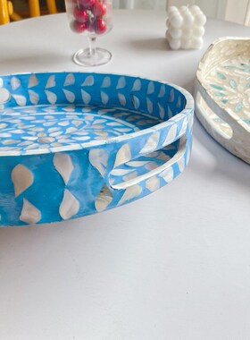 速发越南贝壳托盘彩贝镶嵌居编收纳筐圆形方家形织篮美式轻奢果篮