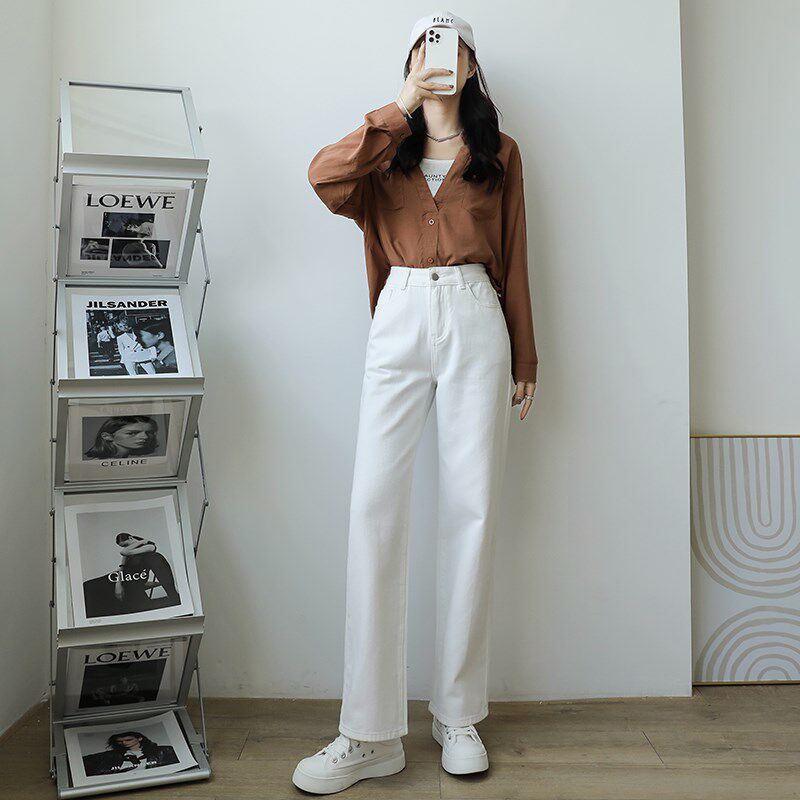 速发白色牛仔裤美式高街春装2025年新款高腰小个子宽松直筒裤子