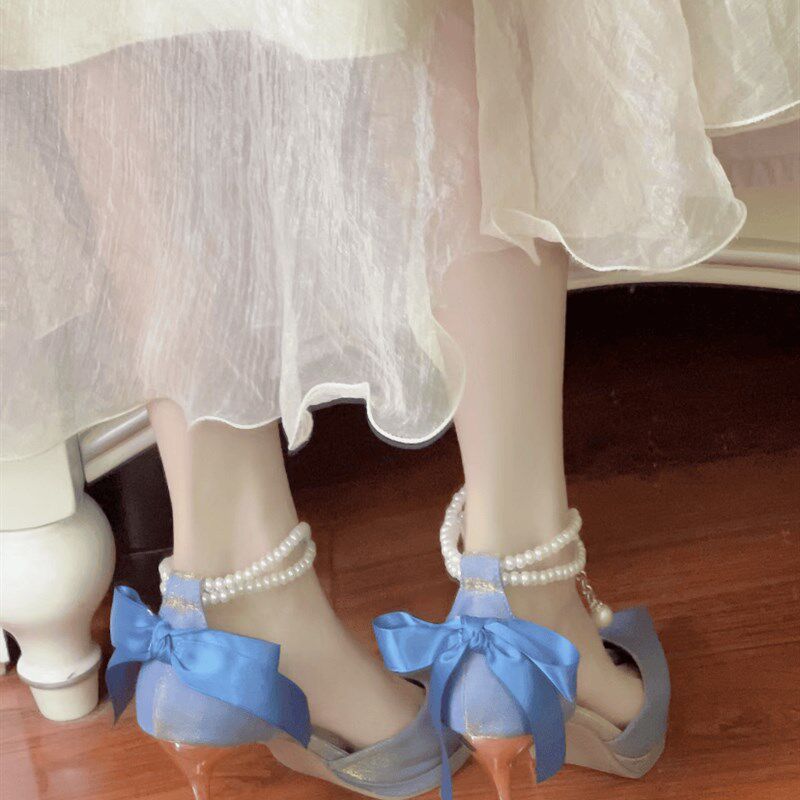 速发防水台中空高跟鞋2024年新款法式珍珠链蝴蝶结高跟凉鞋不累脚