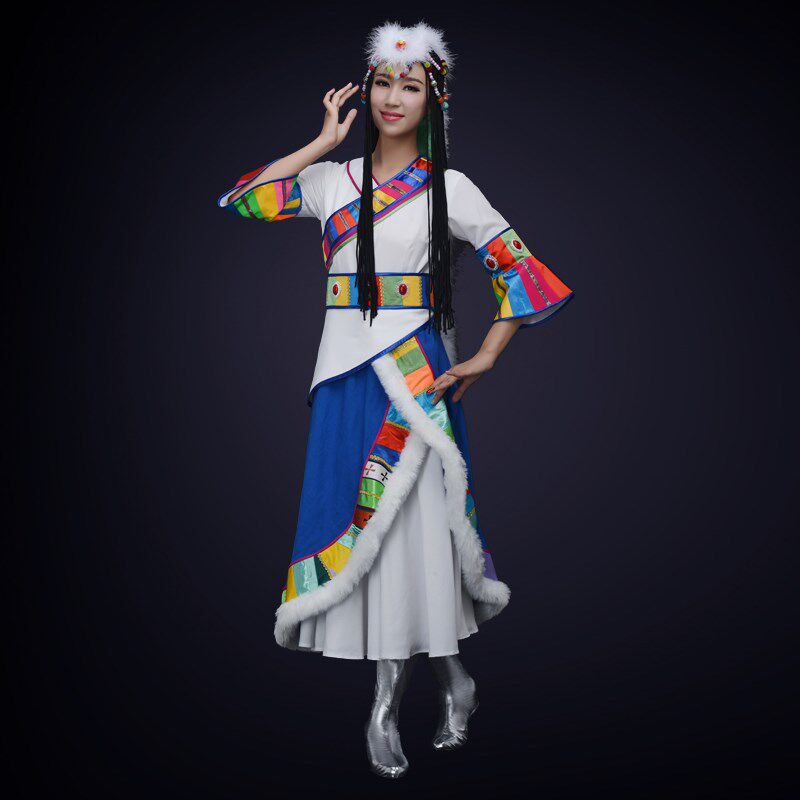 速发新款藏族舞蹈演出服装白色民族舞服装成人西藏衣服舞台装