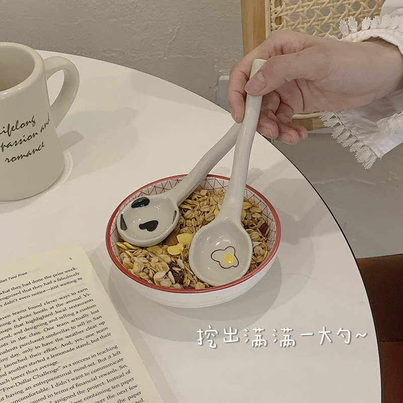 速发日式喝瓷小勺子创意家用颜汤调羹可爱高陶值粗陶手绘长柄汤匙