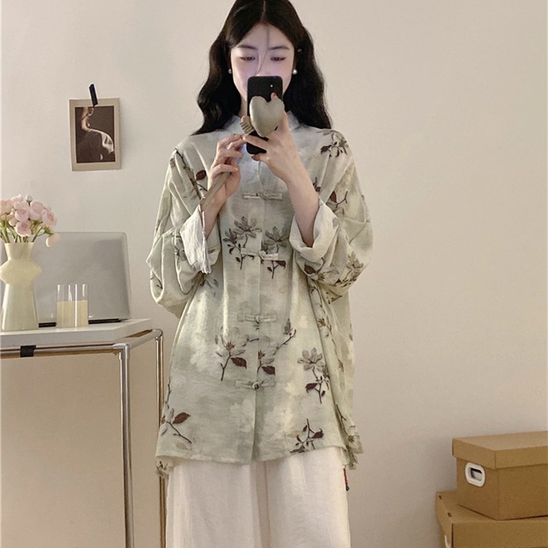 速发大码新中式装轻国风长袖扣古宽松盘复防晒开衫裤子套装
