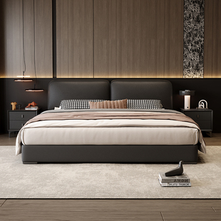 真皮床意式轻奢主卧2米大床现代简约1.8米皮艺床实木带储物双人床