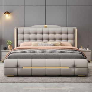 意式真皮床2米x2米2主卧大床1米8薄床头软包皮艺婚床家用储物皮床