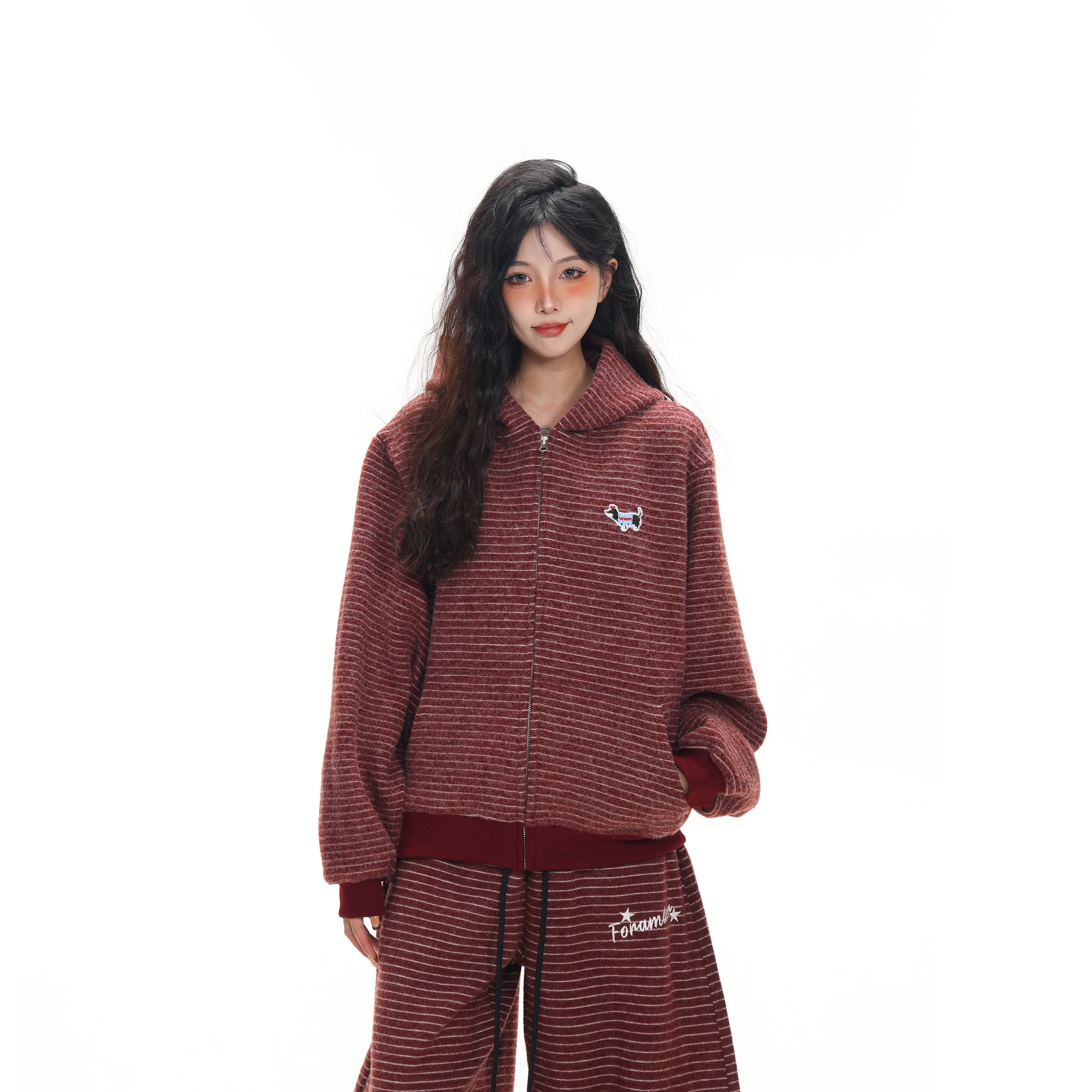 MAX ME美式复古2025早秋新款条纹拉链开衫连帽卫衣男女情侣外套