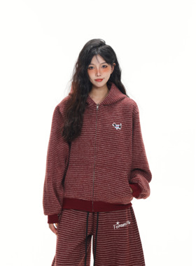 MAX ME美式复古2025早秋新款条纹拉链开衫连帽卫衣男女情侣外套