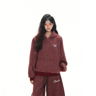 条纹拉链开衫 复古2025早秋新款 连帽卫衣男女情侣外套 ME美式 MAX