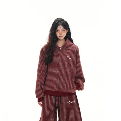 MAX ME美式复古2025早秋新款条纹拉链开衫连帽卫衣男女情侣外套